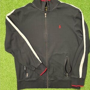 Polo by Ralph Lauren Black Track Jacket with White Stripes & Red Logo